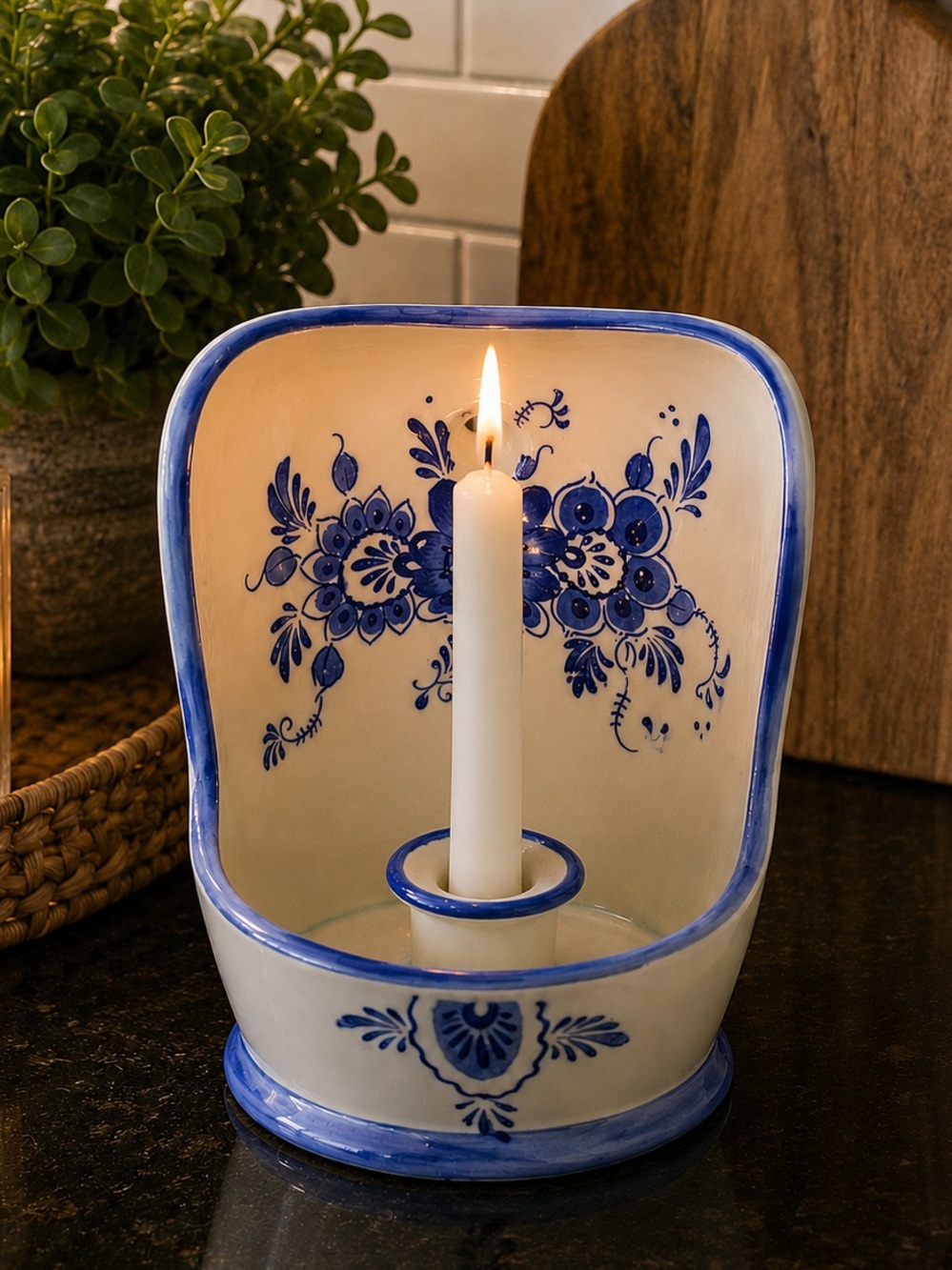 Vintage Delft Style Blue & White Ceramic Wall Candle Holder | Tabletop Display